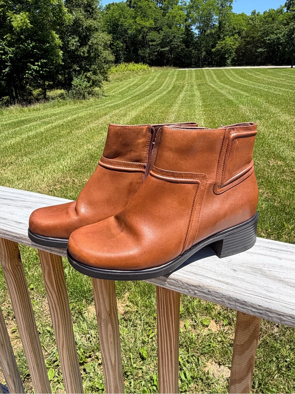 Earth Shoe Women's Logan Maple Leather Ankle Boots Size 9M Saddle Block Heel Zip